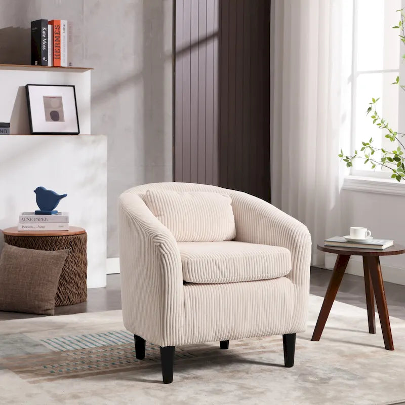 Sillón tipo barril de pana con patas de madera en beige, gris, esmeralda, negro, camel o azul – 1 persona