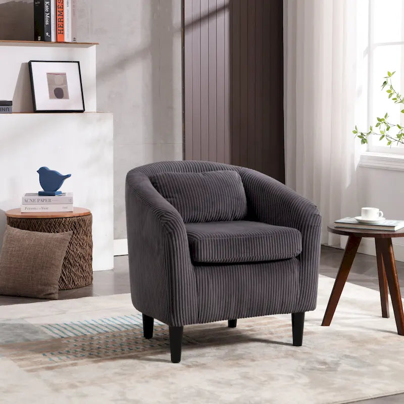 Sillón tipo barril de pana con patas de madera en beige, gris, esmeralda, negro, camel o azul – 1 persona