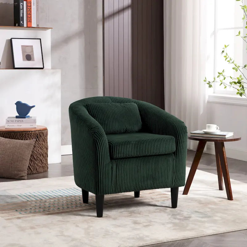 Sillón tipo barril de pana con patas de madera en beige, gris, esmeralda, negro, camel o azul – 1 persona
