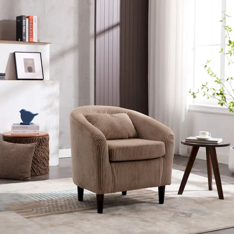 Sillón tipo barril de pana con patas de madera en beige, gris, esmeralda, negro, camel o azul – 1 persona