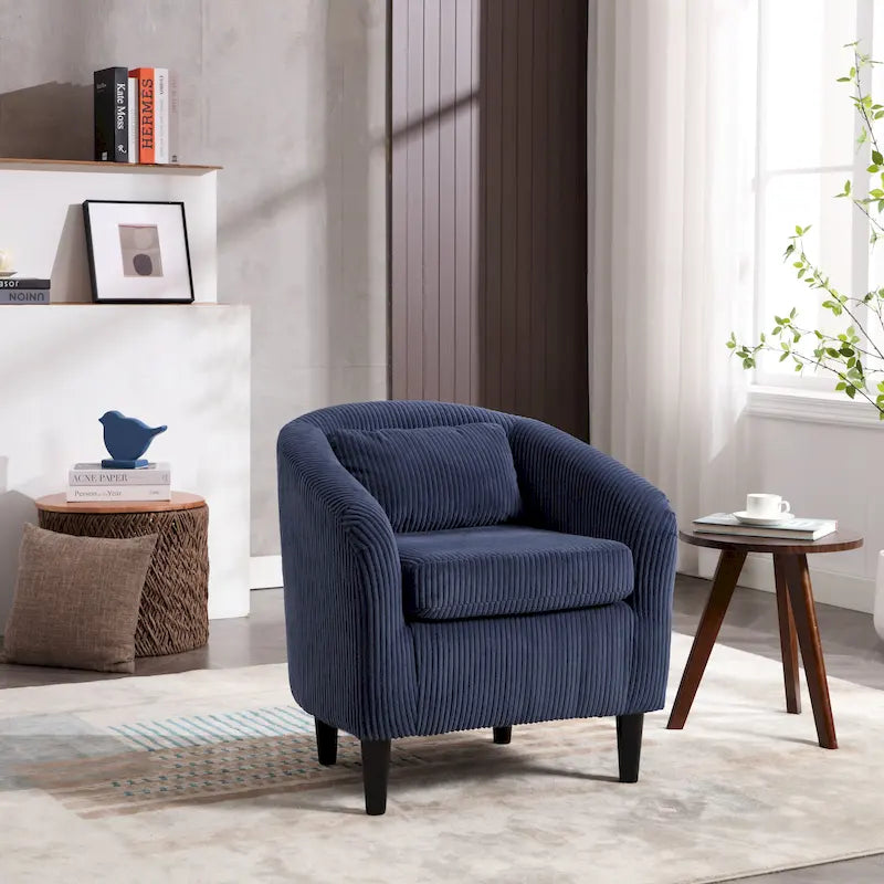 Sillón tipo barril de pana con patas de madera en beige, gris, esmeralda, negro, camel o azul – 1 persona
