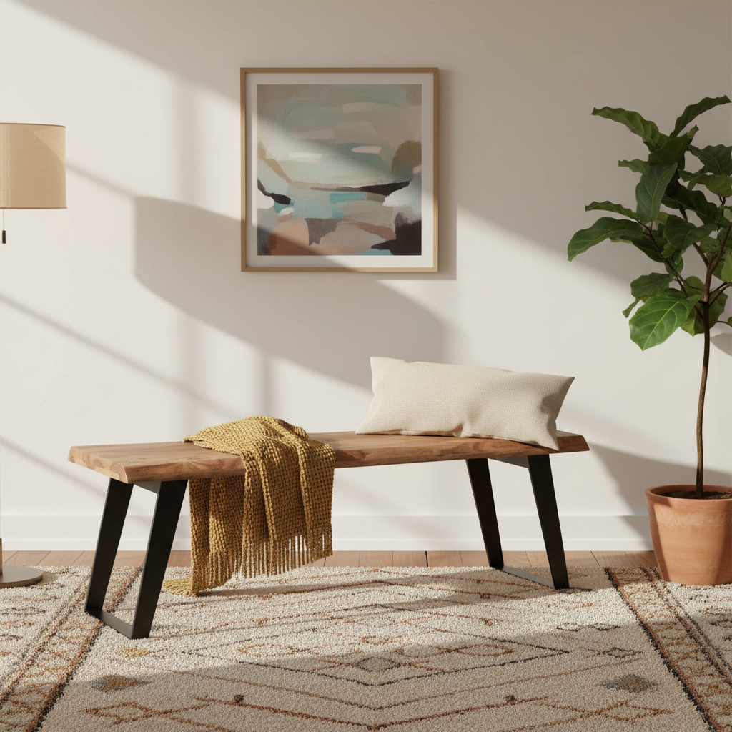 Banco de madera de sheesham de borde vivo marrón con patas de hierro forjado negro – 60 pulgadas
