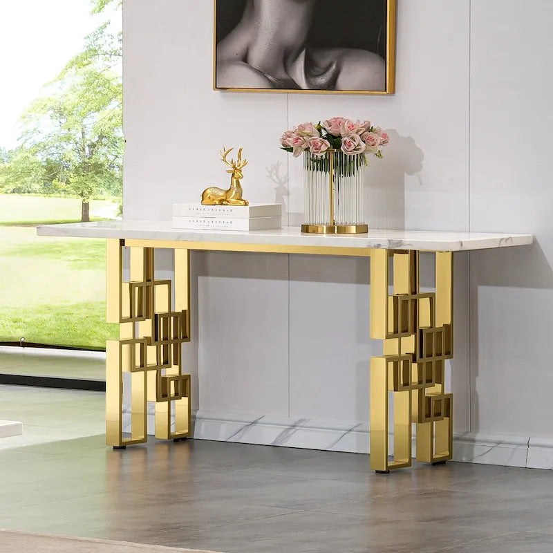 Mesa consola de 55 pulgadas blanca/negra con cubierta de alto brillo y base geométrica de metal - Entrada/Sala de estar