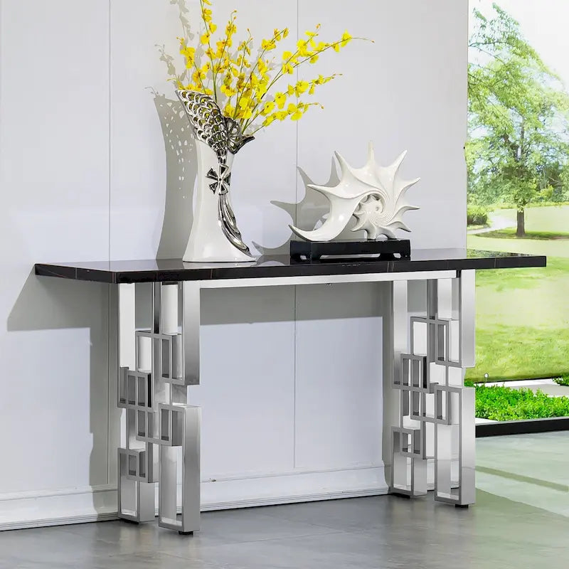 Mesa consola de 55 pulgadas blanca/negra con cubierta de alto brillo y base geométrica de metal - Entrada/Sala de estar