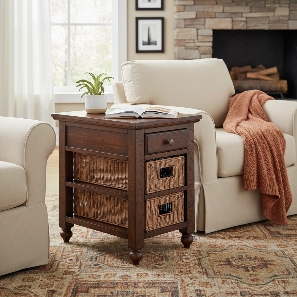 Mesa auxiliar costera Brown Pine y Rattan con cestas de almacenamiento