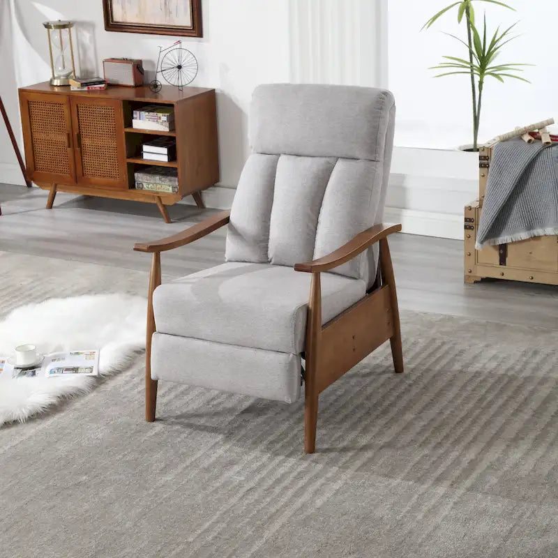 Sillón Reclinable de Tela con Reposapiés y Estructura de Madera, Gris Claro / Beige / Gris Oscuro / Café / Azul / Verde Oliva – 1 Persona