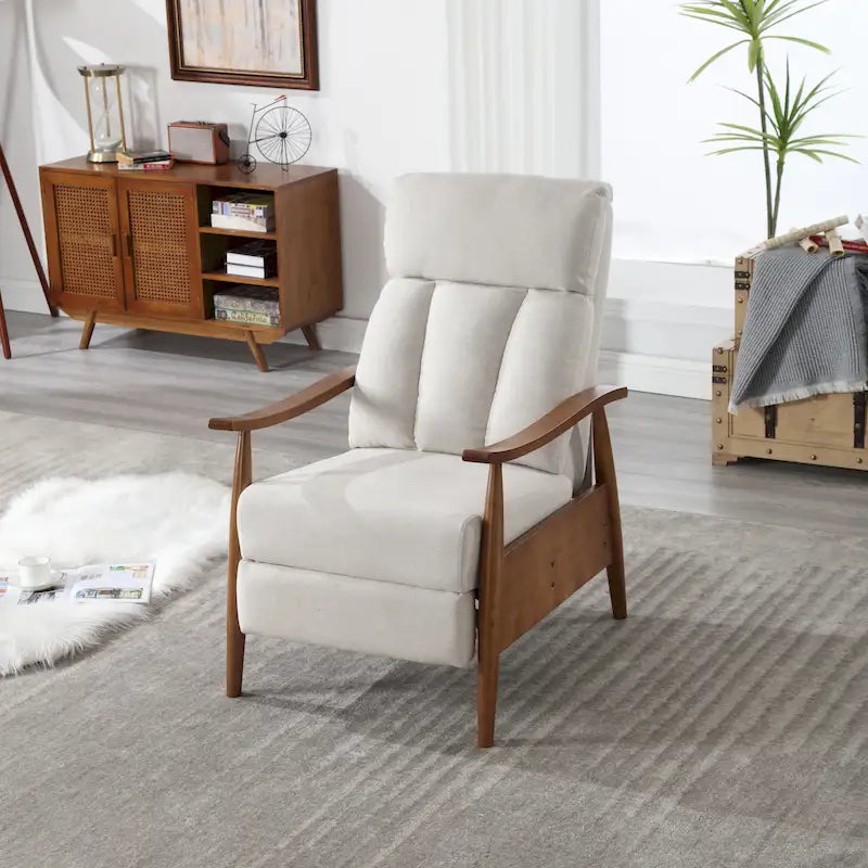 Sillón Reclinable de Tela con Reposapiés y Estructura de Madera, Gris Claro / Beige / Gris Oscuro / Café / Azul / Verde Oliva – 1 Persona