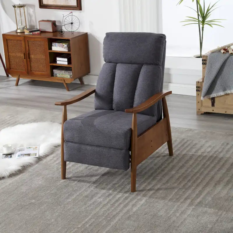 Sillón Reclinable de Tela con Reposapiés y Estructura de Madera, Gris Claro / Beige / Gris Oscuro / Café / Azul / Verde Oliva – 1 Persona