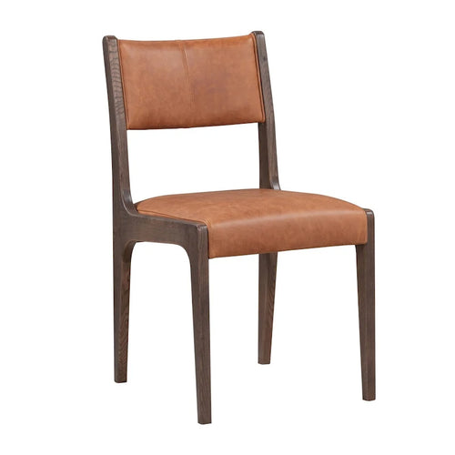 Silla de comedor de cuero de grano superior marrón otoño con patas cónicas de madera de fresno – 1 persona