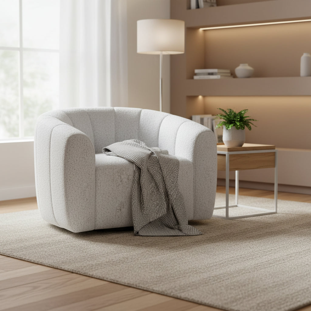 Sillón Giratorio Auxiliar de Tela Bouclé Blanca y Negra con Base de Hierro – 1 Persona